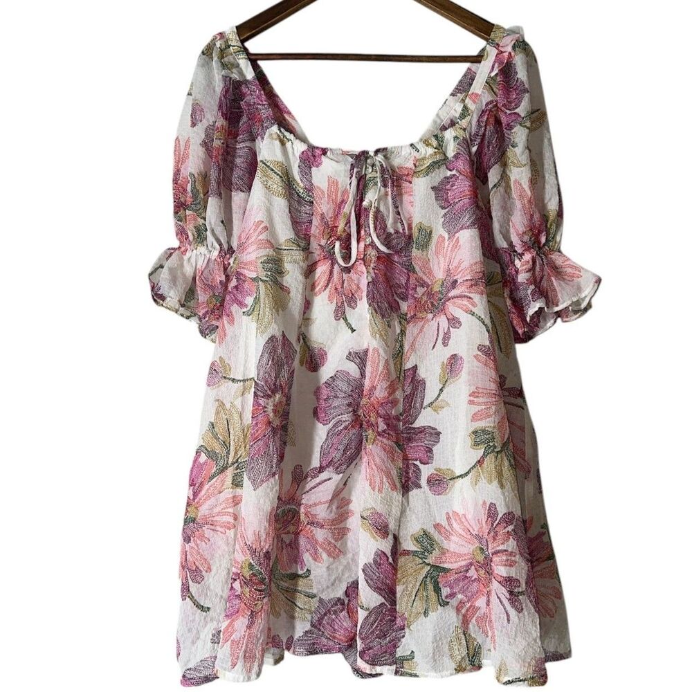 Olivaceous Floral Puff Sleeve Mini Dress Womens Sz S A Line Flowy Boho Feminine